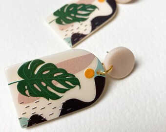 Monstera Resin Dangle Earrings, Statement Earrings, Handmade Jewellery