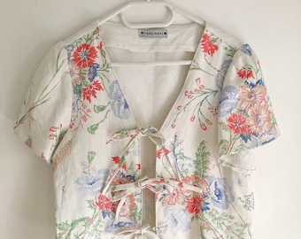 Upcycled Pretty Floral Linen Blouse (UK 10-12), Upcycled Floral Blouse with Tie Straps, Sustainable Fashion