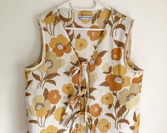 Upcycled Retro Quilted Brown and Yellow Flower Gilet (UK 12-14), Upcycled Floral Vest with Tie Straps, Sustainable Fashion
