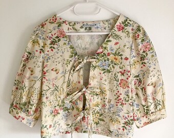 Upcycled Floral Cotton Blouse (UK 10-12), Upcycled Floral Blouse with Tie Straps, Sustainable Fashion