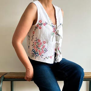 UK 8-10 (US 4-6) Upcycled Pretty Sleeveless Embroidered Blouse, Upcycled Blouse with Tie Straps, Sustainable Fashion