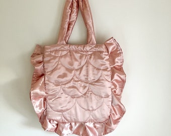 Pink Scallop Quilted Tote Bag with Frill, Fashion Bag, Handmade Bags