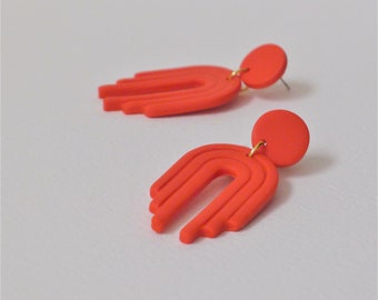 Burnt Orange Modern Arch Dangle Earrings, Polymer Clay Earrings, Gifts for Women