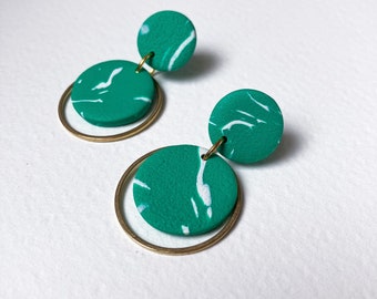 Green Drop Earrings with brass ring, Polymer Clay Earrings, Statement Earrings