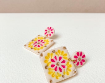 Floral Tile Dangle Earrings (Pink), Polymer Clay Earrings, Statement Earrings