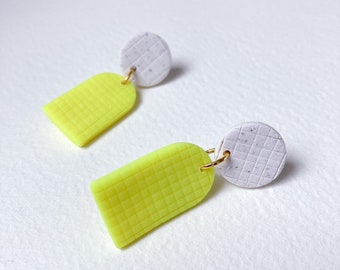 Yellow Neon Minimal Dangle Earrings, Polymer Clay Earrings, Statement Earrings