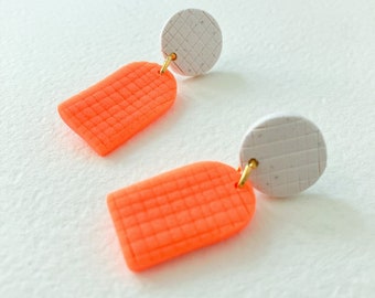 Orange Neon Minimal Dangle Earrings, Polymer Clay Earrings, Statement Earrings