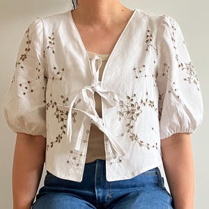 UK 8-10 (US 4-6) Upcycled Off White Blouse, Upcycled Blouse with Tie Straps, Sustainable Fashion