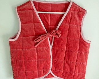 Upcycled Quilted Pink Velvet Gilet (UK 14-16), Upcycled Vest with Tie, Sustainable Fashion