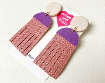Purple and Dusty Rose Faux Leather Arch Tassel Dangle Earrings, Polymer Clay Earrings, Minimalist Earrings