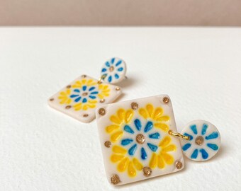 Floral Tile Dangle Earrings (Blue), Polymer Clay Earrings, Statement Earrings