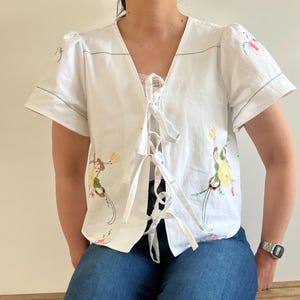 UK 12-14 (US 8-10) Upcycled Floral Embroidered Tie Blouse, Upcycled Blouse with Tie Straps, Sustainable Fashion