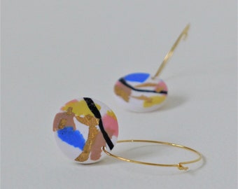 Terrazzo Circles on Gold Plated Hoop (blue), Contemporary Earrings, Gift for Friend