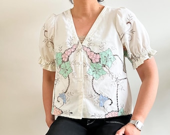 UK 10-12 (US 6-8) Upcycled V Neck Blouse: Floral Blouse, Sustainable Clothing