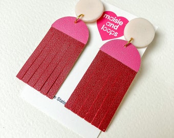 Pink and Burgundy Faux Leather Arch Tassel Dangle Earrings, Polymer Clay Earrings, Minimalist Earrings