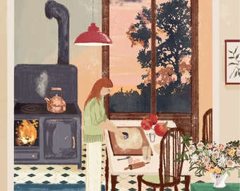 May include: A woman in a green shirt is making dough in a kitchen with a wood burning stove and a window with a view of a sunset. There is a black cat on the floor and a vase of flowers on a green cabinet.