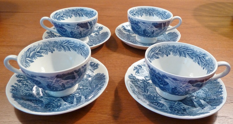 4 Rare Wedgwood Etruria Barlaston Waterfall Blue And White Etsy