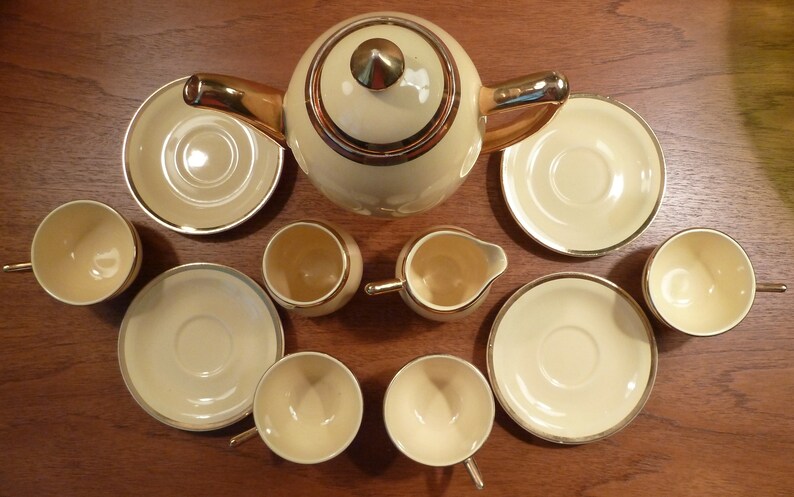 creamer open sugar bowl 4 cup and saucer sets Vintage 1940s Santa Anita yellow and gold demitasse coffee pot