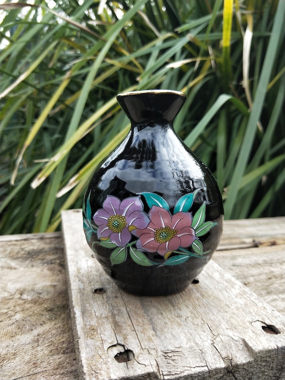 Vintage Ceramic Vase. Made in Japan. Black Japanese Vase. Etsy