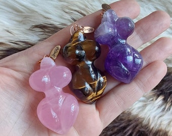 Goddess Carved Crystal Pendant - Divine Feminine Totem/Amulet (Amerhyst, Tigers Eye, Rose Quartz) SpiritShift - Choose your Cord