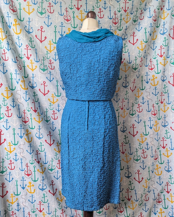 Vintage 50s/60s Demi-Dress blue crinkle dress wit… - image 3