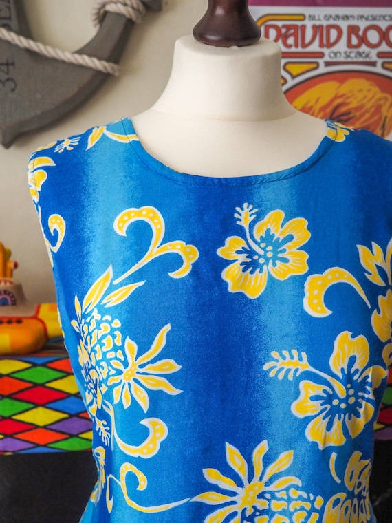 Vintage bright blue & yellow floral Hawaiian dress