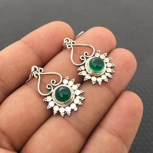 Green Onyx Sterling Silver Dangle Earrings: Round Gemstone