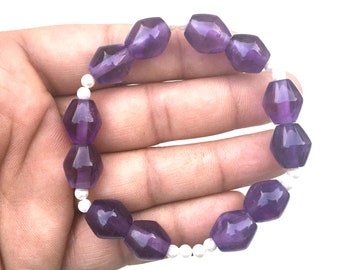 Natural Amethyst Gemstone Stretch Bracelet - February Birthstone, 7"