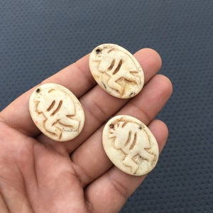 May include: Three oval-shaped bone pendants with a carved design of a stylized animal. The pendants are off-white with a slightly yellowed hue.