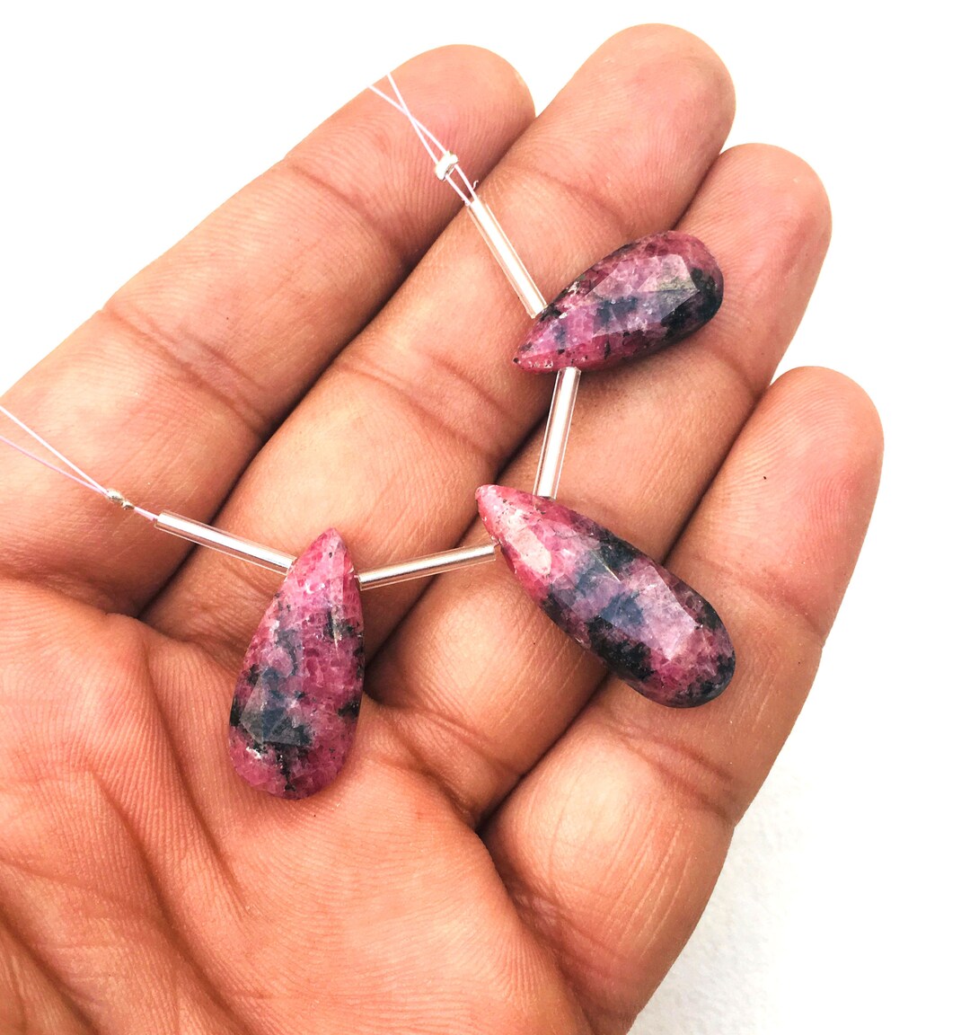 Faceted Rhodonite Pear Briolette Beads: Fine Quality, 3 Pieces (10x21 ...