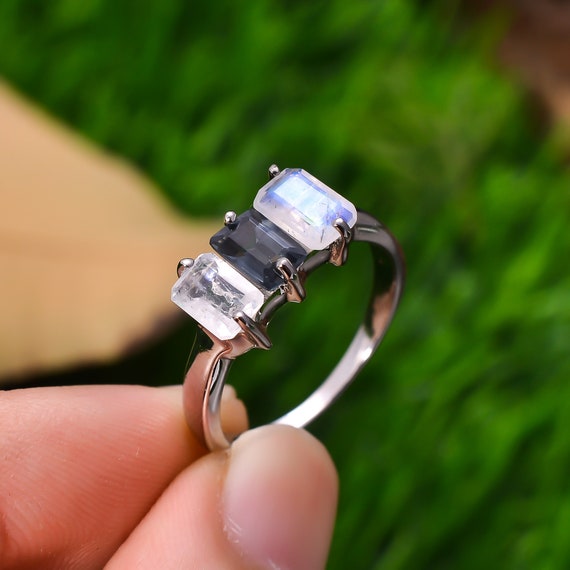 Sterling Silver Gemstone Ring: Hessonite Garnet, Moonstone, Garnet, Opal