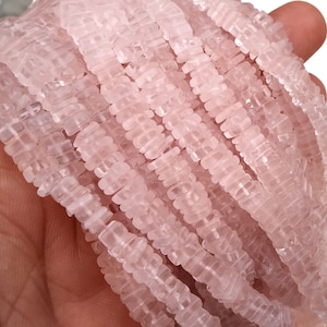 AAA Quality 1 Strand Natural Rose Quartz Gemstone Heishi Bead,Square Shape Beads,Smooth Heishi beads,8"Long Beads,Size 5-6 MM,Jewelry Making