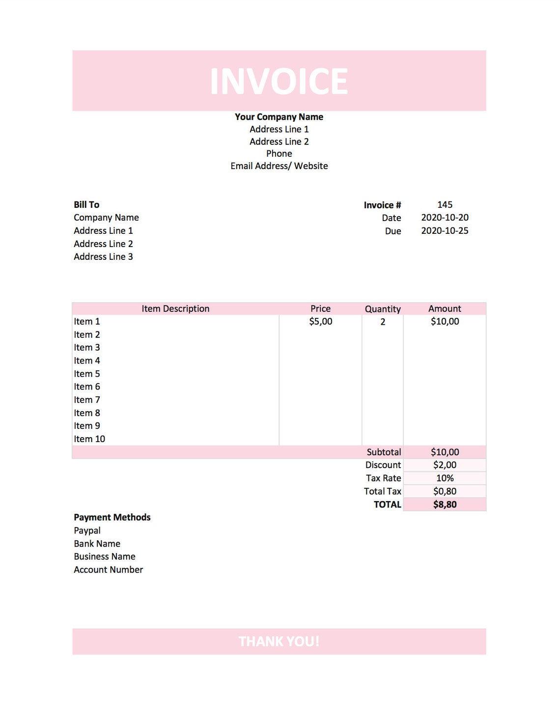 excel invoice invoice template printable invoice business etsy