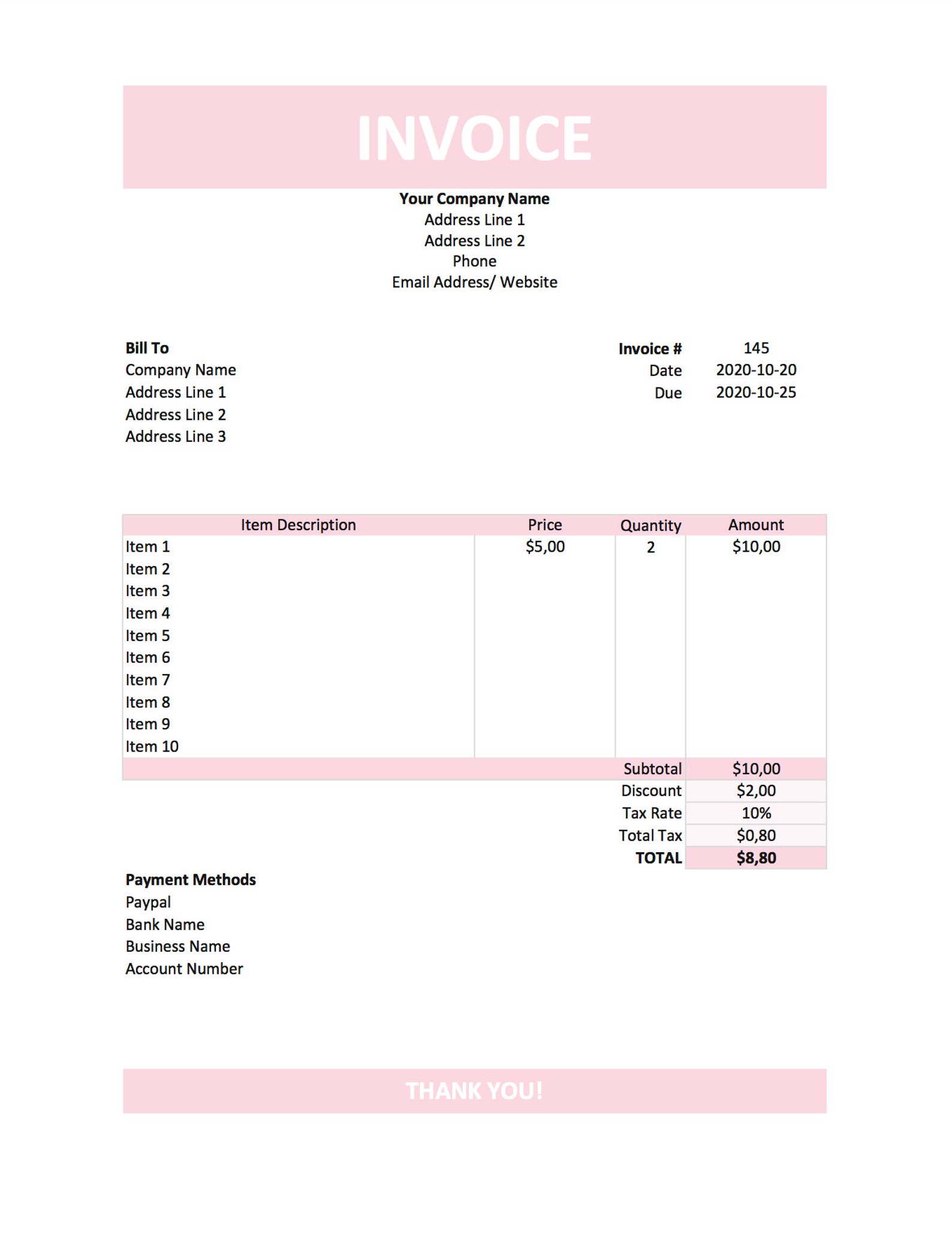 excel invoice invoice template printable invoice business