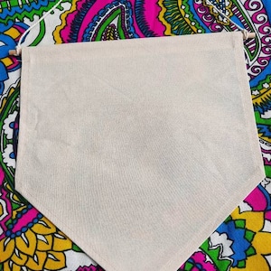 May include: A plain white canvas banner with wooden dowels at the top and bottom. The banner is hanging from a white string against a colourful background of paisley patterns.