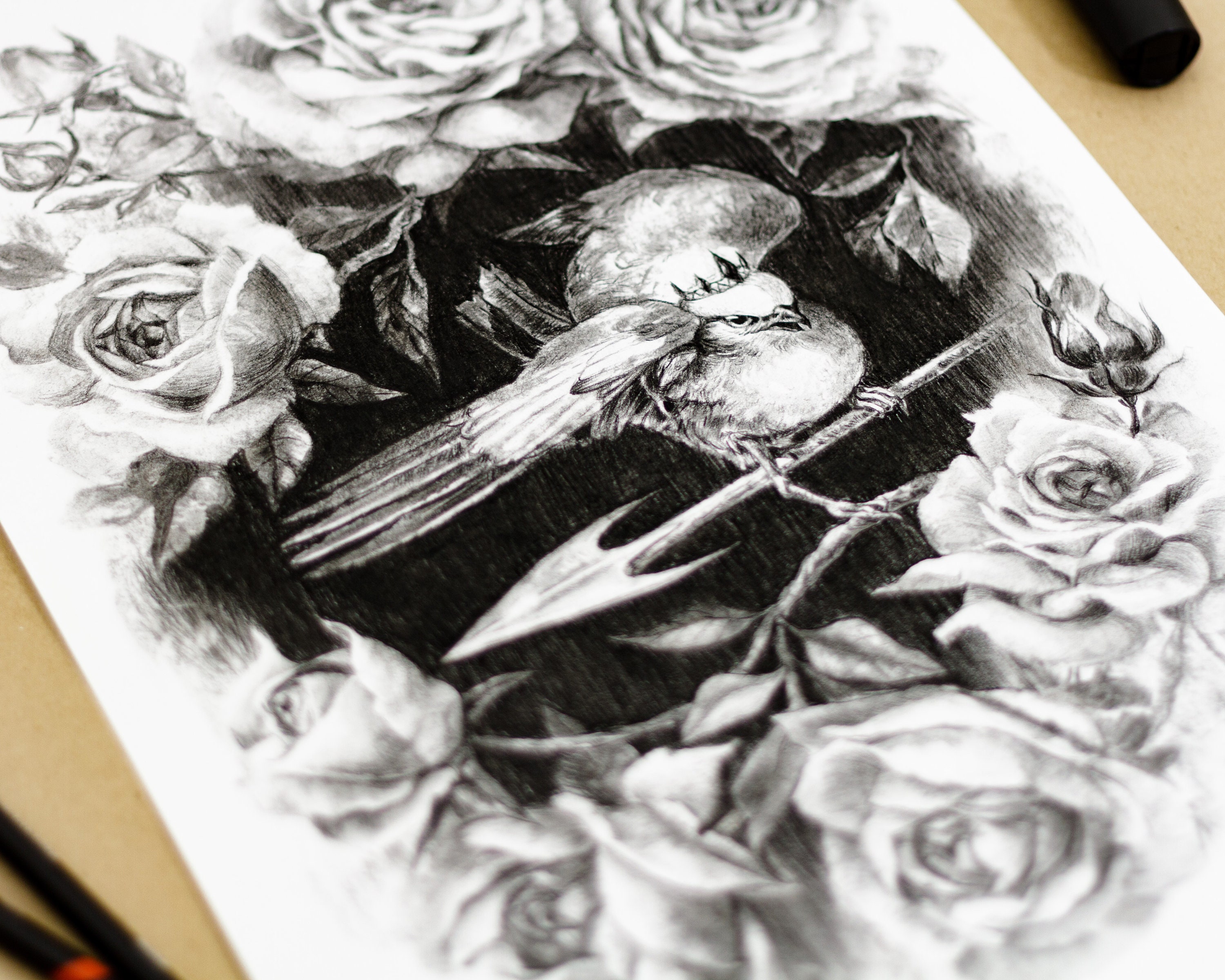 Original Bird Fantasy Charcoal Painting Surreal Black and Etsy