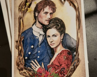 May include: A Christmas card featuring a couple in a romantic embrace. The man is wearing a blue jacket and the woman is wearing a red dress. The card has a gold glitter background and the words "Merry Christmas" in gold lettering.