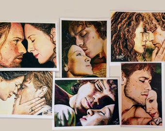 May include: A collection of six romantic portrait paintings. Each painting features a man and woman in intimate poses, with close-up views of their faces. The artwork is rendered in warm tones, with a focus on facial expressions and connection.