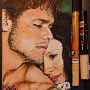 May include: A painting of a couple embracing. The man has brown hair and is wearing a white shirt. The woman has long dark hair and is wearing a white dress. The painting is done in a realistic style and has a warm color palette.
