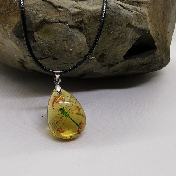 Handmade Dragonfly in amber-resin (teardrop pendant) Outlander