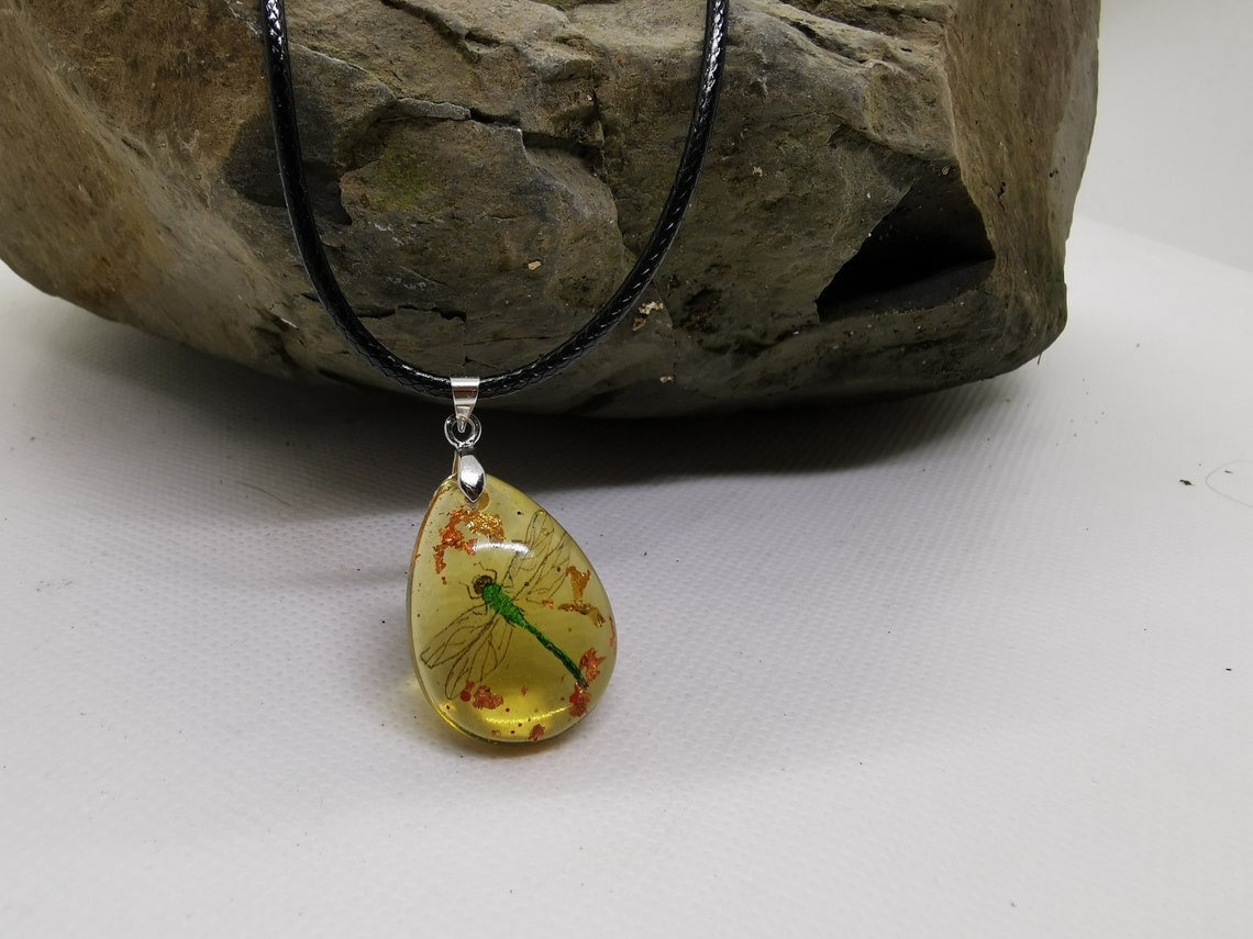 Handmade Dragonfly in amber-resin (teardrop pendant) Outlander