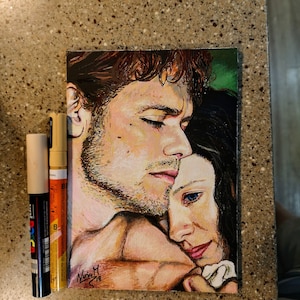 May include: A painting of a couple embracing. The man has brown hair and is wearing a white shirt. The woman has long black hair and is wearing a white shirt. The painting is done in a realistic style and has a warm color palette.