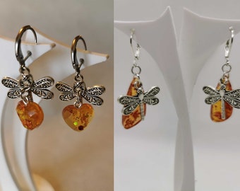 Dragonfly with amber handmade stone, two styles earrings (Outlander inspiration)