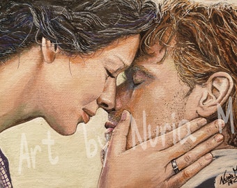 May include: A painting of a couple looking at each other with love. The woman has dark hair and the man has red hair. The painting is done in a realistic style and has a warm color palette.