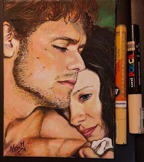 The look of love art print, Outlander Jamie and Claire ink and watercolor pencil artwork