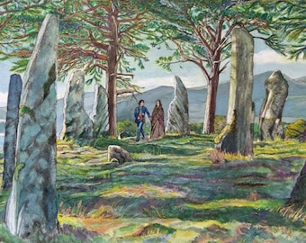 May include: Watercolor painting of a couple walking through a stone circle in a forest. The artwork features tall, weathered stones, lush green grass, and trees. The scene is set against a backdrop of rolling hills and a blue sky.