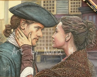 May include: A watercolor painting of a man and a woman looking at each other. The man is wearing a blue hat and a green jacket. The woman is wearing a brown shawl. The painting is signed "Nuria M 2018".