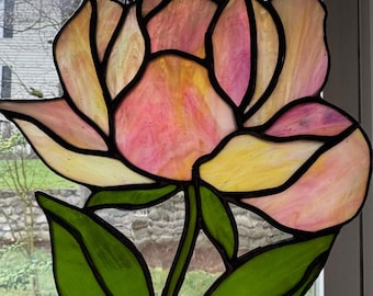 Stained Glass Rose Suncatcher - Pink Yellow Flower