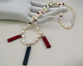 Sapphire, Ruby with Freshwater Pearl Necklace