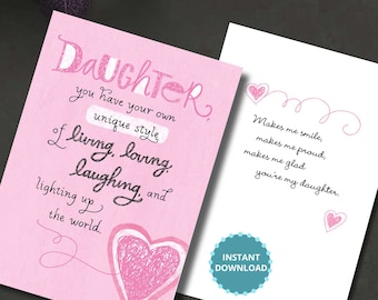 Daughter Card, Card for Daughter,  I love you Daughter, Digital Cards, Card for Her, Printable Cards, Instant Download, Everyday Card,